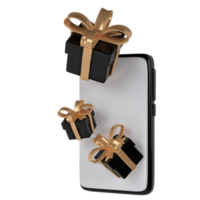 3d svart fredag gåva lådor ikon med gyllene band rosett från smartphone. framställa affär försäljning modern Semester. realistisk ikon för närvarande handla baner eller affisch png