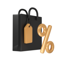 3d render Black Friday illustration with modern dark shopping bag and golden tag and percent mock up design. Discount, special offers promotion, shop advertisement png