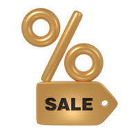 3d render Black Friday illustration with modern golden tag with Sale text and percent mock up design. Discount, special offers promotion, shop advertisement png