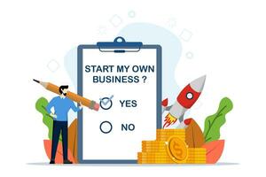 Business motivation concept to become a successful entrepreneur, Start my own business words on notebook paper with checked list, entrepreneur check mark in yes checkbox. flat vector illustration.