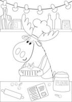 Coloring page with a moose making blueberry pie vector