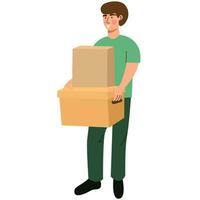 Man holding boxes in hands, moving to office, changing housing or buying new apartment . vector