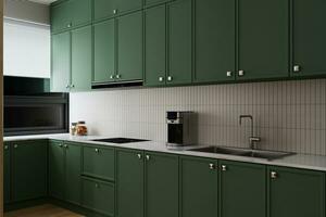 Minimalism interior of kitchen with electric stove, oven, Tap, Sink and natural toner, 3D rendering photo