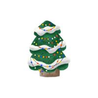 pino árbol con guirnalda, luces ilustración. verde Navidad árbol, víspera con nieve en sucursales, linda infantil mano pintado ilustración. aislado clipart, elemento. fiesta celebrando png