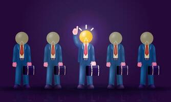 Employee with a light bulb head that turns itself on among the dead lights. Problem solving concept ideas and creative ideas 3d vector, suitable for business and education vector