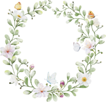 Watercolor wreath with flowers leaves and butterflies png