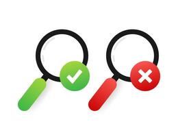 Magnifying glass and a tick and cross icons. Yes and No sign. Vector stock illustration