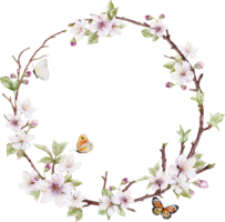 Watercolor cherry blossom wreath and butterflies png