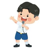 Cute boy student holding the mic vector