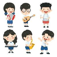 Kid student different instruments with friends together vector