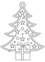 Christmas tree with gifts. Black and white vector illustration for coloring book