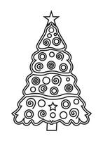 Christmas tree with gifts. Black and white vector illustration for coloring book