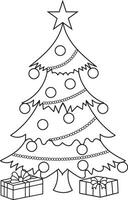 Christmas tree with gifts. Black and white vector illustration for coloring book