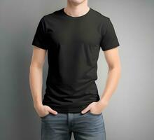 Young man wearing blank black t shirt mockup print presentation mockup ai generate photo