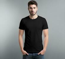 Young man wearing blank black t shirt mockup print presentation mockup ai generate photo