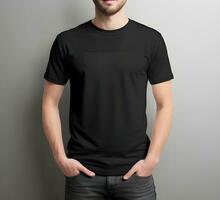 joven hombre vistiendo blanco negro t camisa Bosquejo impresión presentación Bosquejo ai generar foto