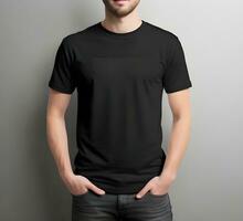 Young man wearing blank black t shirt mockup print presentation mockup ai generate photo