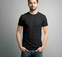 Young man wearing blank black t shirt mockup print presentation mockup ai generate photo