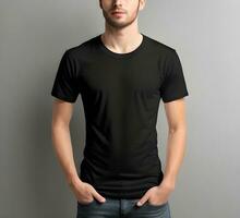 Young man wearing blank black t shirt mockup print presentation mockup ai generate photo