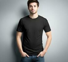 Young man wearing blank black t shirt mockup print presentation mockup ai generate photo