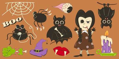 vistoso conjunto de Víspera de Todos los Santos elementos en retro dibujos animados estilo. un de miedo muñeca, un murciélago, un zombi mano, un araña tejer un web y otro elementos. vector