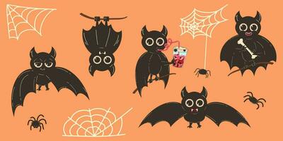 Set of cute bat and web characters. Vector illustration of a bat in flat retro style.