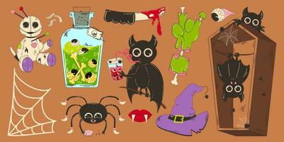 conjunto de elementos para Víspera de Todos los Santos en retro dibujos animados estilo. ataúd con un murciélago, zombi mano, poción, araña bebidas sangre y otro elementos. vector