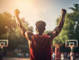 baloncesto jugador celebrando a patio de juegos. concepto de ganador, éxito, victoria. ai generado foto