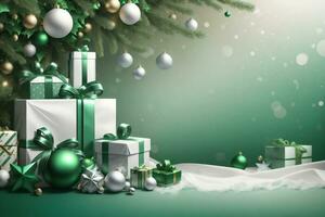 christmas green background with christmas tree, gifts and space for text photo