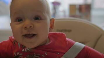 en närbild av en bebis flicka Sammanträde i en hög stol video