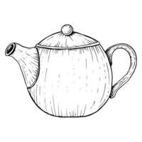 Vector teapot simple black and white illustration. Graphic hand drawn sketch in outline style