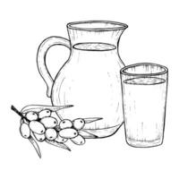 Juice jug and glass with sea buckthorn branch with berries and leaves vector black and white line illustration. Hippophae cold organic drink in a pitcher sketch.