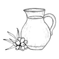 Juice jug with sea buckthorn berries and leaves vector black and white line illustration. Hippophae herbal organic drink in glass pitcher sketch.