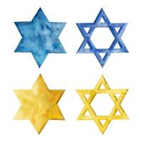 Star of David watercolor vector illustration. Set of four Magen David in blue and gold yellow colors. Six pointed hexagram geometric figure for Hanukkah Jewish designs