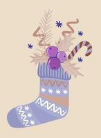 Warm knitted sock decorated with stripes, snowflakes, dots and zigzag lines with Christmas gifts in it. Winter footwear. Pastel colors vector