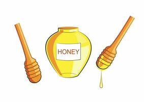 A glass pot full of honey and honey dipper. Vector illustration cartoon isolated on white. photo