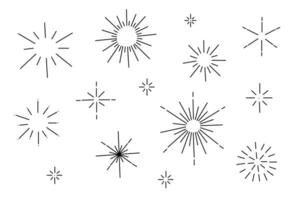 Clipart set of cute minimalistic sun flares. Doodle hand drawn minimalist designs of glare, star and sun, rounded illustrations. vector