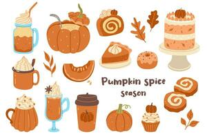 Set of autumn pumpkin dishes and drinks isolate on a white background. Vector graphics.