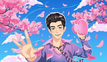 Cute young man gives a gift in the shape of a heart with falling petals. vector