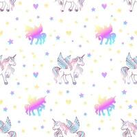 Cute magical unicorn with wings, hearts and stars. Seamless pattern on a white background. vector