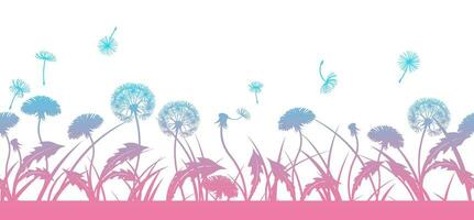 Horizontal seamless background of grass and dandelions, flowers, fluff and leaves. vector