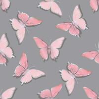 Silvery pink butterflies on a gray background. Seamless pattern of moths. vector