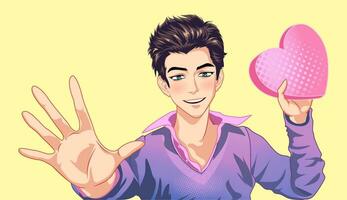 Cute young man gives a gift in the shape of a heart. Attractive blue-eyed brown-haired man smiles. vector