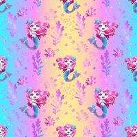 Seamless pattern with a cute mermaid with pink hair and golden seaweed on a rainbow background. vector