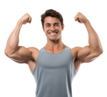 sorridente masculino atleta flexão músculo, esporte com poder e forte, isolado em uma transparente fundo, uma retrato do determinação e ginástica confiança, ai generativo png