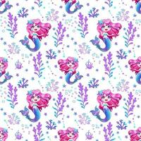 Seamless pattern with cute mermaid with pink hair and seaweed. vector