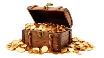 Treasure Chest Full of Glittering Gold Coins, A Symbol of Wealth and Prosperity, Isolated on a Crystal-Clear Transparent Background, Ai generative png