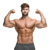 Smiling Male Athlete Flexing Muscle, Sport Empowered and Strong, Isolated on a transparent Background, A Portrait of Determination and Fitness Confidence, Ai generative png