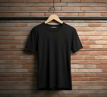 Black t shirt mockup with brick background ai generate photo
