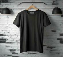 Black t shirt mockup with brick background ai generate photo